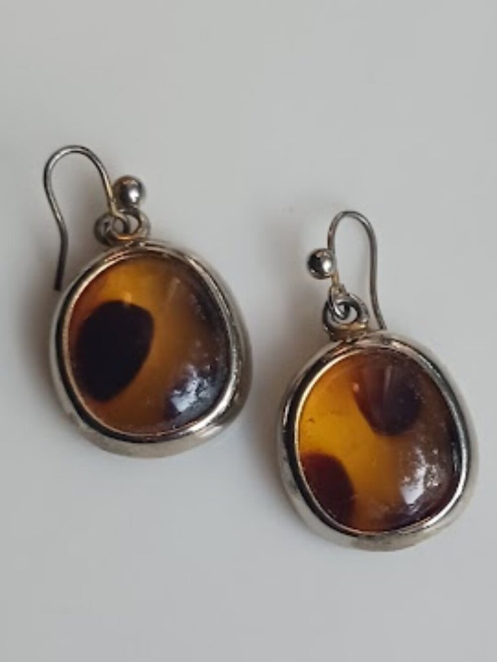 Amber Honey Colored Gemstone Dangle Drop Earrings Dark Inclusions Vintage Style